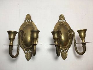 Vintage Solid Brass Double Arm Candle Holder Pair Wall Mount Sconces 9”