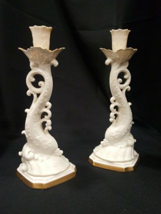 Lenox Porcelain Dragon Koi Fish Candle Holders Sticks Pair 24kt Gold Trim