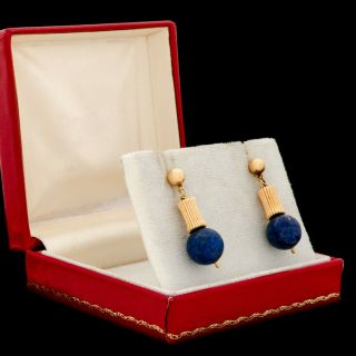 Antique Vintage Art Deco 18k Gold Etruscan Revival Lapis Lazuli Womens Earrings