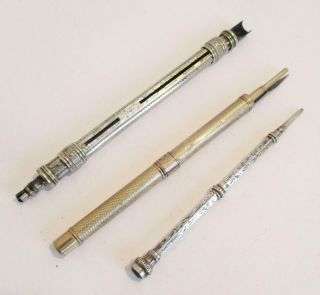 3 Antique Pen & Pencils 2 Combination Dip Pen/propelling Pencil & Silver Pencil