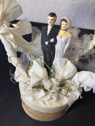 Antique 1920s 30s Wedding Cake Topper Silk Bisque Bride & Groom 9.  5 " Seed Beads