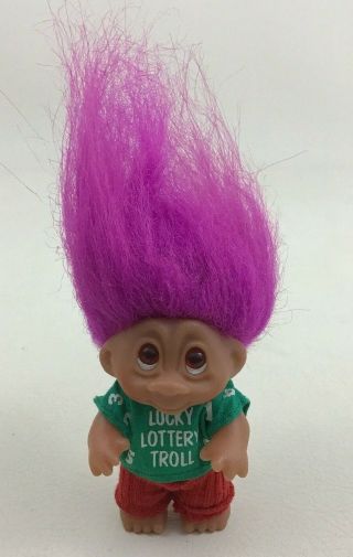Vintage 1985 Dam Trolls Purple Hair Lucky Lottery Troll 3 " Doll With 2pc Outfit
