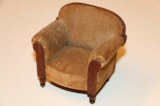 Vintage German Dollhouse Miniature Velvet Upholstered Club Chair - Wood - Handmade