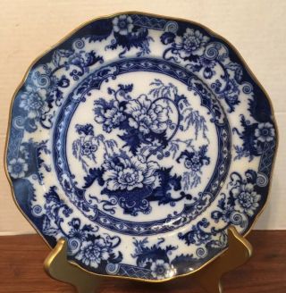 Antique Cauldon Flow Blue “bentick” 10” Dinner Plate Gold Rim