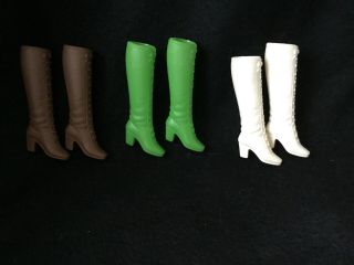 3 Pair Vintage 1970s Barbie Doll Squishy Boots Lace Up Mod Taiwan Green White Br