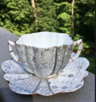 Vintage Antique Royal Gray Floral Double Handle Teacup And Saucer