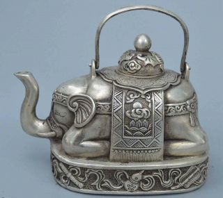 Ancient China Collectable Old Miao Silver Carve Auspicious Elephant Pray Tea Pot
