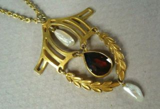 Antique Victorian 14k Yellow Gold Lavalier W/ Red Garnet & Pearls,  Signed,  6.  2g