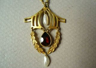 Antique Victorian 14K Yellow Gold Lavalier w/ Red Garnet & Pearls,  Signed,  6.  2g 3