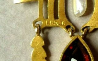 Antique Victorian 14K Yellow Gold Lavalier w/ Red Garnet & Pearls,  Signed,  6.  2g 7