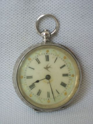 A Antique Ladies Sterling Silver Chased Case Enamel Dial Key Wind Pocket Watch