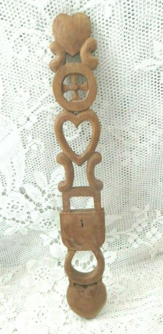 Vintage Hand Carved Welsh Love Spoon 3 Hearts Lock Wheel Horseshoe Love Token