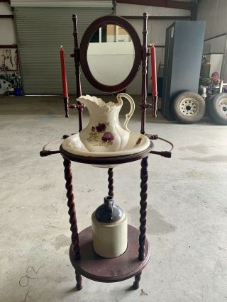 Vintage American Jacobean Revival Cherry Wash Stand With Mirror & Bowl