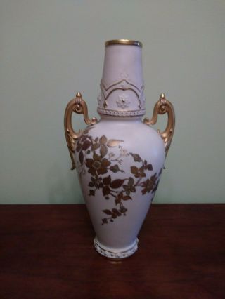 Antique Royal Worcester Two Handled Hand Painted Floral Ivory Vase 12.  5 ".