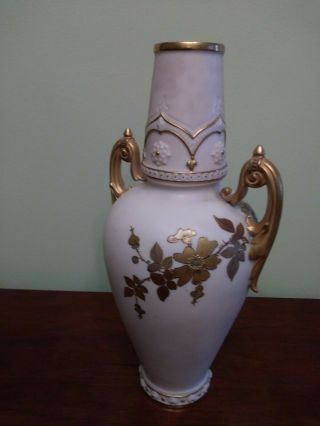 Antique ROYAL WORCESTER Two Handled Hand Painted Floral Ivory VASE 12.  5 