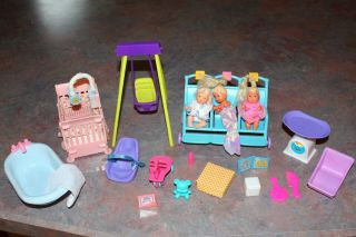 Barbie Baby Doll Bath Crib Triple Stroller Car Seat Scale Swing Accessories