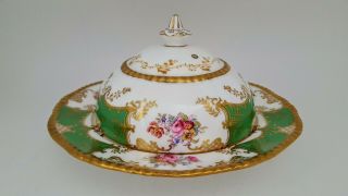 Antique Coalport Porcelain Green Batwing Covered Serving / Muffin Dish Plate