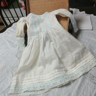 Georgeous Antique White Doll Dress With Lace & Blue Trim 17 "