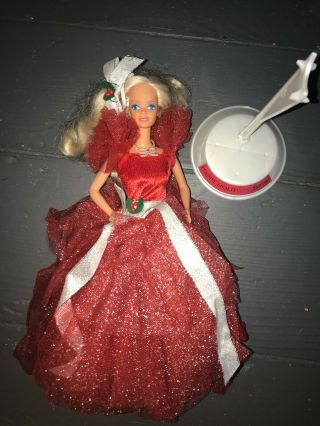 Vintage 1988 Happy Holidays Christmas Collectors Barbie Red Dress W/ Stand Vgc