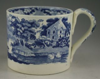 Antique Pottery Pearlware Blue Transfer Rural Scenic Mug With Swans 1825