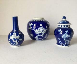 Set Antique Chinese Blue/white Hand - Painted Prunus Ginger Jars And Vase.
