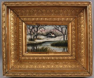 Antique Miniature Folk Art Winter Landscape Oil Painting Gold Gilt Frame