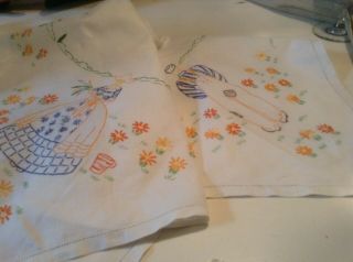 Vintage Dutch Crinoline Lady And Boy Hand Embroidered Tablecloth