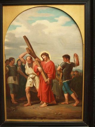 LARGE 19thC.  Simon of Cyrene ' carries the cross ' Old Master Antique OIL Painting 2