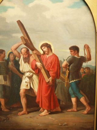 LARGE 19thC.  Simon of Cyrene ' carries the cross ' Old Master Antique OIL Painting 3
