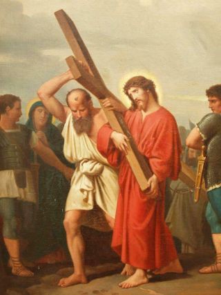 LARGE 19thC.  Simon of Cyrene ' carries the cross ' Old Master Antique OIL Painting 4