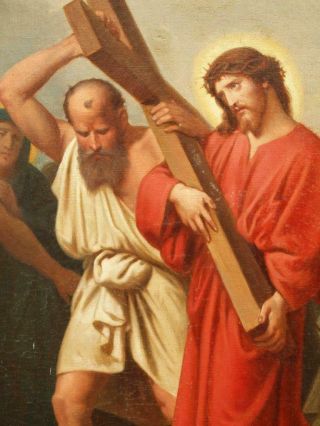 LARGE 19thC.  Simon of Cyrene ' carries the cross ' Old Master Antique OIL Painting 5