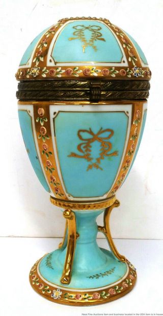 Fine Antique Large Meissen School Cherub Egg Gilt Porcelain Blue Vanity Box