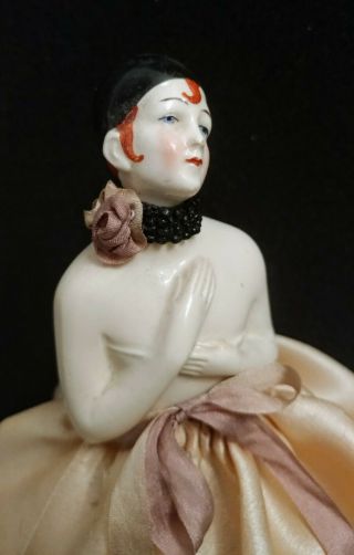 Gorgeous Porcelain Flapper Art Deco Half Doll With Neckband Hat And Gown