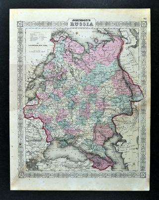 1864 Johnson Map Russia Finland Poland Latvia Estonia Moscow St.  Petersburg