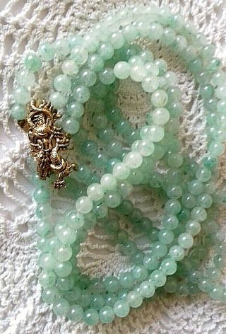 Pale Green Speckled Jade Beaded Necklace Antique Gold Plated Dragon Clasp