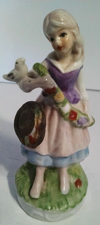 Staffordshire Girl Holding Bird 19th Century Antique Porcelain Hand Painted