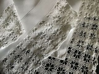 Gorgeous Large Antique Irish Linen Tablecloth Deep Lace Trim.