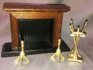 Vintage Dollhouse Miniature Fireplace & Accessories / Tools
