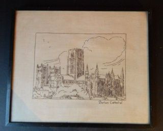 Vintage Framed Hand Stitched Picture Of Durham Cathedral On Linen