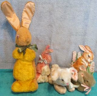 4 Vtg Bunny Rabbit Stuffed Animals,  Storybook Pussy Cat Toy & Master Ind.  Tags