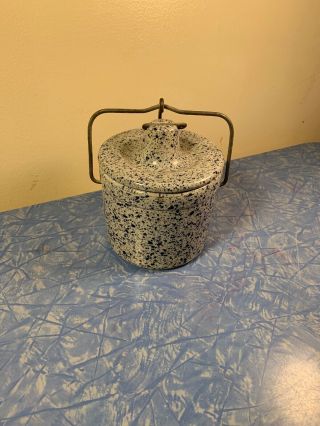 Vintage Blue White Speckled Stoneware Cheese Crock W/ Wire Bale Clamp Lid