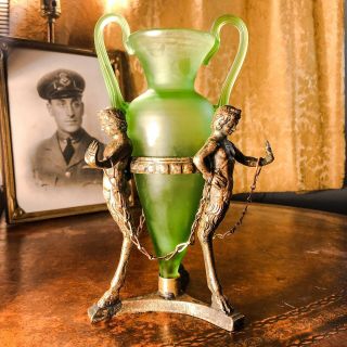 Antique Bronze Satyr Neoclassical Holder W/ Murano Blown Glass Vase