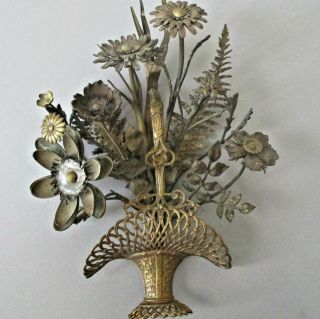 Best Antique 13 " French Tole Wall Hanging Brass Basket Filled W Flowers,  Ferns