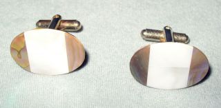Vintage Mens Gold Tone Oval Pearl Natural Abalone Shell Cufflinks