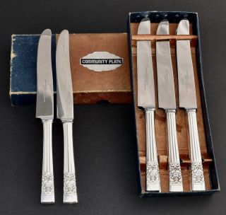 Boxed Set Of 8 Community Silver Plate Hampton Court Table Knives / Dinner Knives