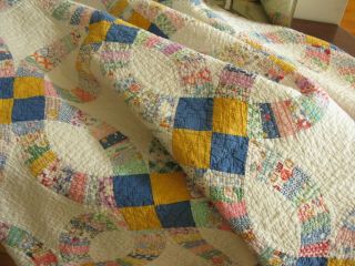 Antique All Hand Made Cotton Wedding Ring Quilt,  Bright Colors,