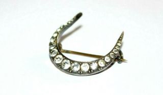 Antique Sterling Silver & Diamond Paste Crescent Moon Brooch / Pin.
