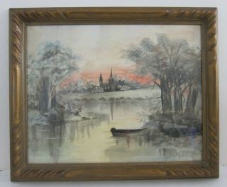Church By A Serene Pond C.  1930s Watercolor Painting In Antique Gilt Frame 19x23