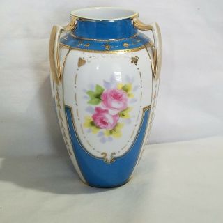 Vintage Nouveau Nippon Hand Painted Gold Bead Triple Handle Rose Vase Antique