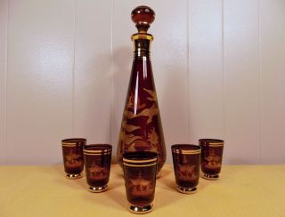 Antique Moser Bohemian Glass Amber Decanter & Cordial Set Wheel Cut W Ducks Gold